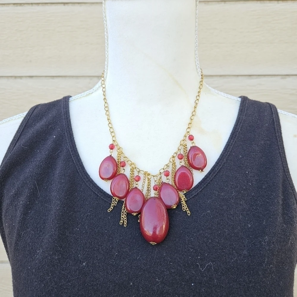 gold tone and red statement necklace